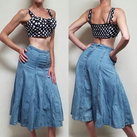 VINTAGE 1990s Light Wash Stone Wash High Rise Stretchy Midi Denim Panel Skirt M - Picture 1 of 11